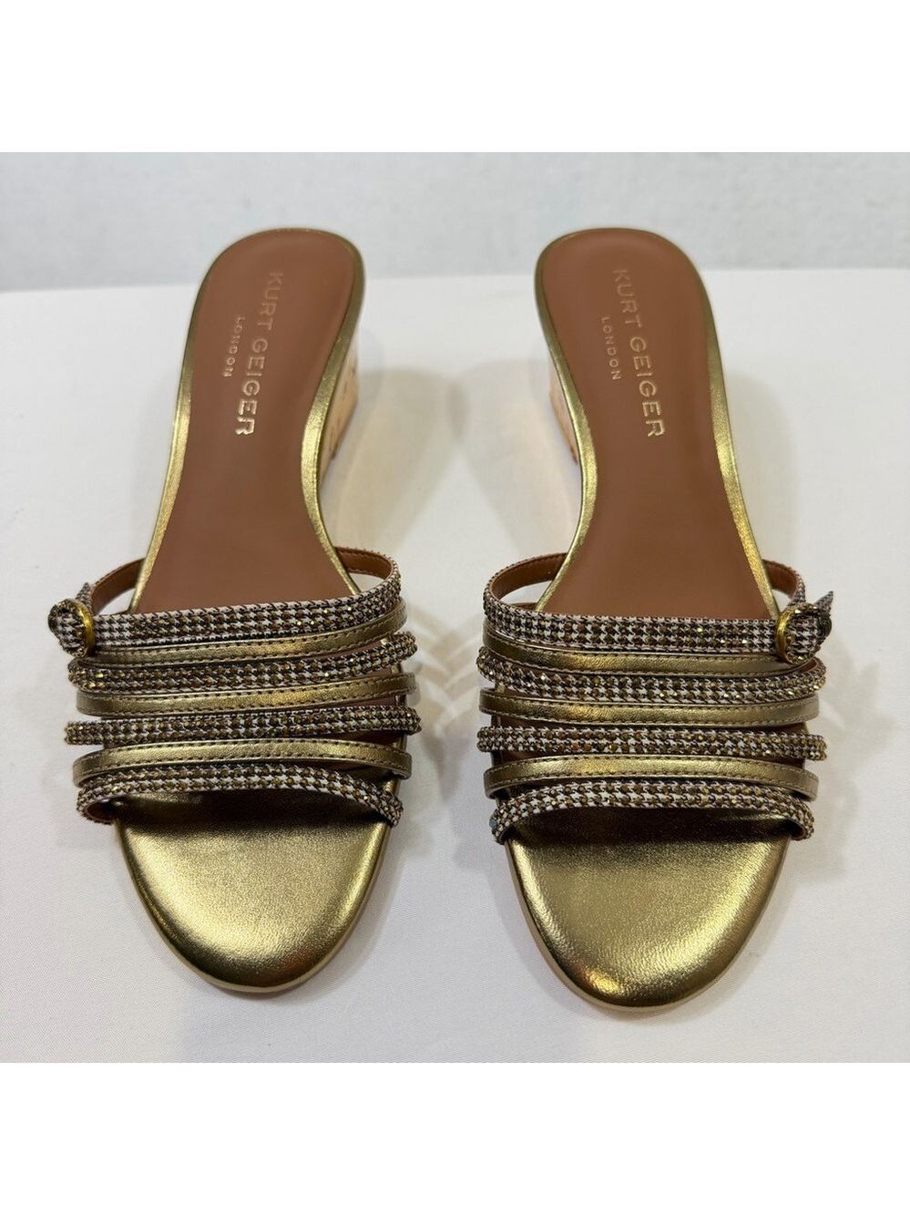 Kurt Geiger London Gold Crystal-Strap Wedge Slides Sandals Size 38.5 Women 8 US - Picture 2 of 11